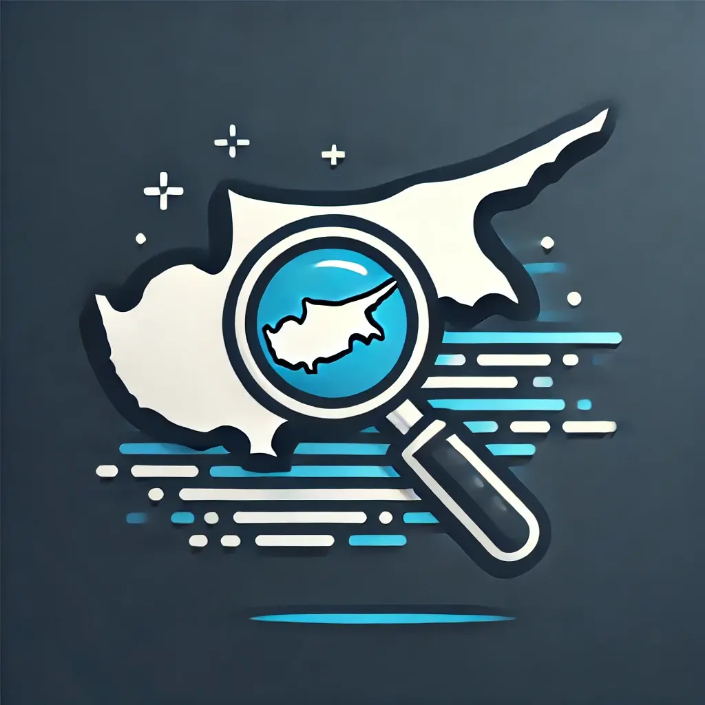 Modern logo featuring a stylized map of Cyprus with a magnifying glass